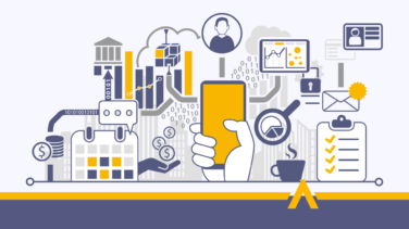 Ilustracja przedstawiająca różnorodne symbole związane z finansami, danymi i weryfikacją online, w tym smartfon, wykresy i pieniądze