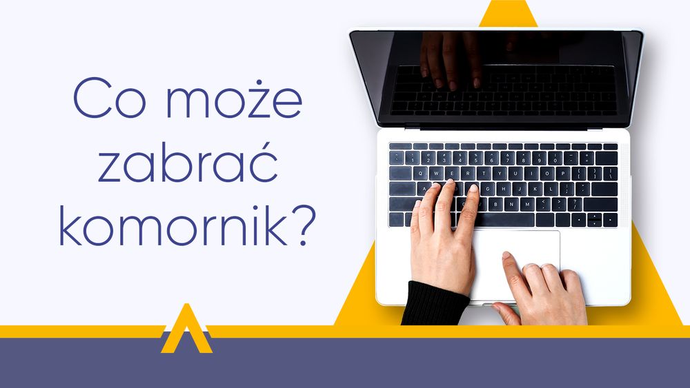 Dłonie na klawiaturze laptopa obok pytania "Co może zabrać komornik?"